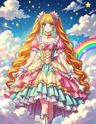 This image features a detailed drawing of a young girl with long, curly blonde hair adorned with pink flowers. She has large, expressive blue eyes and is dressed in a pink and green dress with a corset-like top. The dress is layered with ruffles and has a white underdress peeking out. Her arms are decorated with white flowers on her wrists, and she wears white boots that extend up to her knees, complete with a gold button and a pink bow. The background is a vibrant blue sky filled with fluffy white clouds, stars, and a rainbow arching behind her. The overall scene is bright and colorful, with the girl standing confidently in the center of the image.
