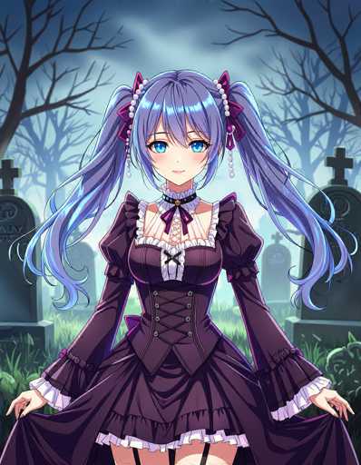 In this captivating image, a young anime girl stands gracefully in the center of a serene graveyard. She is adorned in a striking purple dress that features a white frilly collar and a matching purple bow. The dress is accentuated with a corset-like front, adding a touch of elegance to her ensemble. Her long, flowing hair is styled into two pigtails, each adorned with purple bows and delicate white pearls that dangle from the ends. Her large, expressive blue eyes and small nose give her a sweet, innocent appearance. She holds the sides of her dress, revealing a hint of her legs and black stockings. The background is filled with tombstones, some topped with crosses, while others are simple slabs, all surrounded by lush green grass. The scene is framed by bare trees on either side, their branches reaching into the sky, which is a blend of blue and white, adding to the tranquil yet slightly eerie atmosphere.