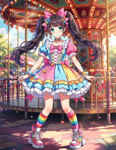 In this vibrant and whimsical illustration, a young anime girl stands confidently in front of a colorful carousel. She is dressed in a charming outfit that features a short skirt adorned with a pink bow at the waist, and a corset-like top with laces up the front. Her ensemble is completed with rainbow-colored socks and matching high-top sneakers. The girl's long, dark hair is styled into two ponytails, each secured with pink bows, and she wears a matching pink bow in her hair. Her large blue eyes and small smile add to her endearing appearance. The carousel behind her is a kaleidoscope of colors, with poles in shades of yellow, blue, and red, and a roof decorated with red, yellow, and blue hues. The ground beneath her is a mosaic of pink, blue, and yellow tiles, adding to the overall cheerful and playful atmosphere of the scene.