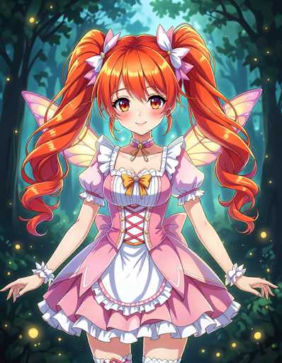 The image features a detailed drawing of an anime-style fairy girl with long, curly red hair adorned with pink and white flowers. She has striking orange eyes and is dressed in a pink and white dress that includes a corset-like top with a yellow bow tie. The dress is complemented by white frills and a white apron. She also wears white garters on her legs and white bracelets with flowers on her wrists. Her fairy wings are a combination of pink and yellow, adding to her whimsical appearance. The background depicts a dark forest with green leaves, illuminated by numerous yellow lights that resemble fireflies, creating a magical atmosphere. The fairy girl stands with her arms outstretched, exuding a sense of joy and wonder.