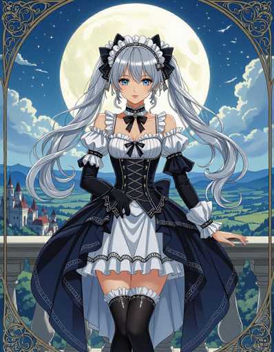 A woman with long blonde hair and blue eyes is standing on a balcony overlooking a castle and mountains under the night sky. She is wearing a white dress with black lace trim and a black headband.