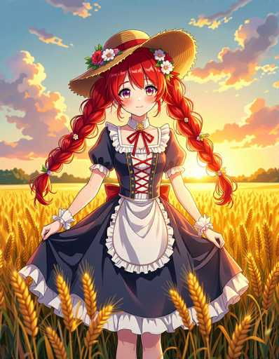 In this captivating anime-style illustration, a young girl stands gracefully in the middle of a vast wheat field, bathed in the warm, golden hues of a setting sun. The sky above is a serene blue, adorned with soft, fluffy clouds tinged with shades of pink and yellow, adding to the tranquil atmosphere. The girl, with her striking red hair styled into two long braids that cascade down to her waist, wears a charming straw hat adorned with a red ribbon and a delicate floral decoration. Her attire is a blue dress featuring a white collar and a white apron, complemented by white cuffs on her sleeves. The dress is intricately laced up the front with red strings, adding a touch of elegance. She holds the skirt of her dress delicately with both hands, revealing her pale legs beneath. The wheat around her sways gently, creating a harmonious blend of yellow and green hues that frame her figure beautifully. The scene is a perfect blend of nature's beauty and whimsical artistry, capturing a moment of serene elegance.