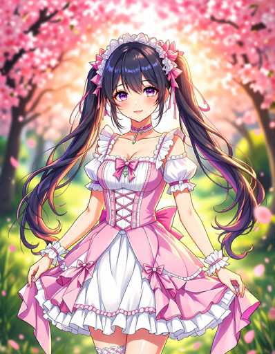 The image depicts a highly detailed and vibrant scene from an anime, showcasing a young girl standing in the foreground. She is dressed in a charming pink and white outfit that features a corset with a pink bow at the center, adorned with white buttons. The ensemble includes a pink skirt with a white underlayer, and the outfit is complemented by pink and white striped sleeves. Her attire is further embellished with pink bows on the sleeves and a pink bow at the waist. She also wears a pink and white headband with pink bows on either side, and her long black hair cascades down her back, with pink highlights on the ends.

The girl is positioned in front of a lush background filled with green grass and trees, all adorned with pink leaves, creating a picturesque and enchanting setting. The overall composition of the image is rich in detail and color, capturing the essence of a magical anime world.