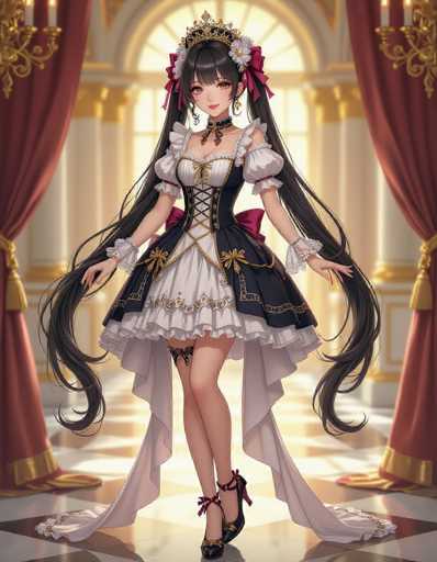 A woman with long dark hair and a white dress is standing on a red carpet inside an ornate room with gold curtains and a chandelier. She has a crown on her head and a flower in her hair.