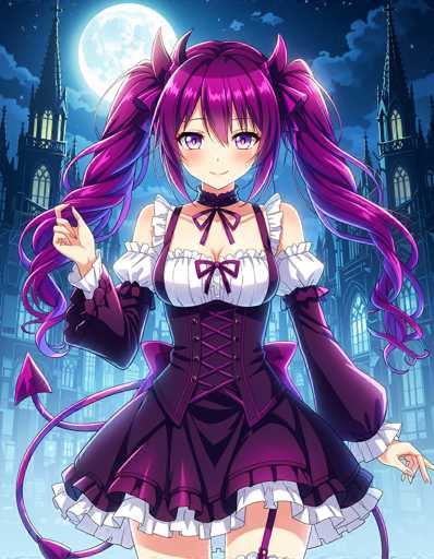 This detailed anime illustration features a young girl with long, flowing purple hair styled into two pigtails, each adorned with a bow. Her hair cascades down to her waist, with some strands curling at the ends. She has striking purple eyes and a small, delicate nose. The girl is dressed in a white shirt with puffy sleeves, complemented by a purple corset that ties at the front. Her outfit is completed with a purple skirt that has a white frill at the bottom. Notably, she has a pair of devil's tails extending from her back. The background showcases a dark, cloudy night sky with a full moon, and a gothic-style building with two spires, adding to the eerie atmosphere of the scene.