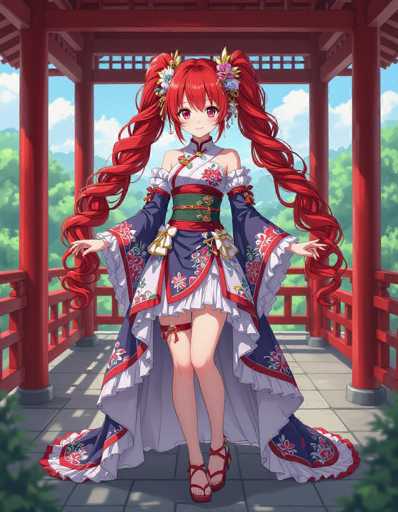 A young girl with red hair and a blue dress stands on a stone platform under a red roof, wearing red shoes and holding a flower in her hand.