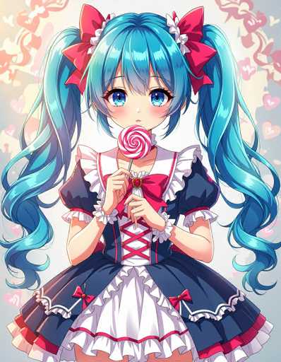This image features a detailed drawing of a young girl, approximately 10 years old, with a charming and whimsical appearance. She has striking blue eyes and her hair is styled in pigtails, each adorned with a red bow. Her attire is reminiscent of a classic maid outfit, characterized by a blue dress with white accents. The dress includes a white collar and a red bow at the center, along with red laces running down the front. The skirt is adorned with red and white stripes, and she has white puffy sleeves. A red bow is tied at her waist, complementing the overall design. She is holding a lollipop, adding to her sweet and innocent demeanor. The background is a light gray, decorated with pink hearts and red ribbons, enhancing the overall playful and heartwarming atmosphere of the image.