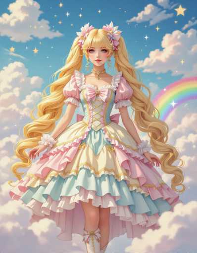 A young girl with blonde hair is the main subject of this digital illustration. She's wearing a pink and white dress that features a bow on her head. The background of the image depicts a sky filled with clouds and stars, creating an ethereal atmosphere. The girl appears to be walking towards the right side of the image.