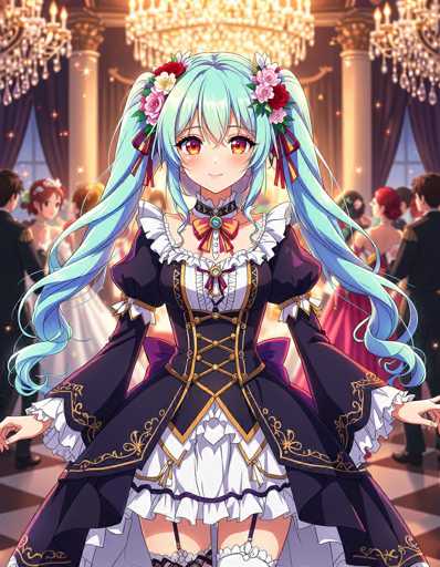 In this captivating image, a young anime girl stands at the center of a grand ballroom, exuding elegance and charm. She is adorned in a stunning black dress with intricate gold trim, featuring a corseted bodice and a white skirt. Her long, light blue hair is styled into two pigtails, each decorated with delicate flowers. The girl's large, expressive eyes are a mesmerizing blend of orange and yellow, and she wears a gentle smile that adds to her serene demeanor.

The ballroom around her is filled with other attendees, all dressed in formal attire. The men are seen in tuxedos, while the women wear flowing dresses, contributing to the festive and sophisticated atmosphere. The room itself is grand, with tall white pillars and large windows draped with elegant curtains. Three chandeliers hang from the ceiling, casting a warm glow over the scene. The floor is covered in a luxurious black and white checkered carpet, adding to the opulence of the setting.

The anime girl stands with her arms slightly outstretched to her sides, her hands open, as if she is about to take a bow. Her poised stance and the surrounding grandeur create a moment of timeless beauty and elegance.