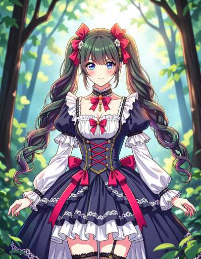 The image depicts a young girl with long, curly hair that transitions from green to purple at the tips. She has striking blue eyes and is adorned with red bows in her hair, each decorated with white flowers. Her attire is a blue dress featuring white frills at the bottom and a white section at the top. The dress is accentuated with red bows and gold chains, and it has a corset-like top. The sleeves are white and puffy, with black bands at the wrists. She is standing in a lush forest, surrounded by green leaves and brown tree trunks. The background is a blend of blue and white hues, adding a dreamy quality to the scene.