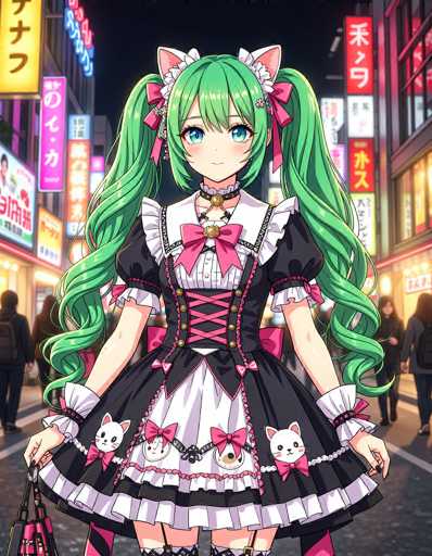 In this vibrant and detailed anime scene, a young woman stands confidently in the middle of a bustling city street, her presence commanding attention. She is dressed in an elaborate maid outfit, predominantly black with intricate white accents. The dress features a white collar, white cuffs, and a white underdress that peeks out from beneath the black exterior. A pink bow adorns the center of her chest, complemented by a corset-like belt with pink laces and gold buttons. Her ensemble is further embellished with white cat ears, pink bows, and a choker necklace, adding to her whimsical appearance.

Her long, flowing green hair cascades down to her waist, framing her large blue eyes and delicate features. She holds a pink purse in her right hand, while her left hand rests by her side. The background reveals a lively cityscape with tall buildings on either side of the street, adorned with numerous neon signs and billboards in Japanese, indicating a bustling urban environment. The street is alive with people walking in both directions, adding to the dynamic and energetic atmosphere of the scene.