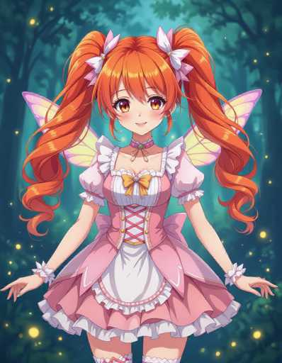 A young girl with red hair and orange wings is standing in a forest surrounded by trees and flowers. She is wearing a pink dress and white shoes.