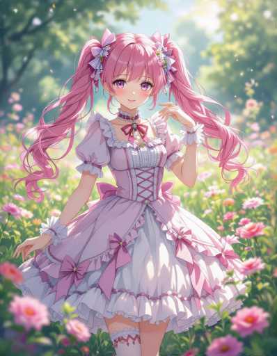 A young girl with long hair and pink hair is standing in a field filled with flowers wearing a pink dress with white ruffles and a bow on her head.