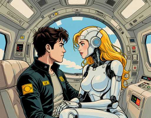 In this detailed cartoon drawing, a man and a robot woman are seated inside a futuristic spaceship. The man, positioned on the left, has short brown hair and is dressed in a black jacket adorned with yellow patches on the shoulder and chest, over a gray shirt. He is holding the robot woman's hand. The robot woman, seated on the right, has long blonde hair and a white metallic body with black accents. She is wearing a helmet with a circular blue window on the side. The interior of the spaceship features a large circular window behind them, offering a view of a blue sky dotted with white clouds. The walls of the spaceship are gray, and the ceiling is white, with rectangular windows running along the sides. The overall scene captures a moment of connection between the two characters amidst the high-tech environment of the spacecraft.