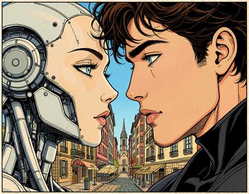 This detailed illustration, reminiscent of a comic book style, features a close-up of a man and a robot woman gazing into each other's eyes. The man, positioned on the right, has short brown hair, blue eyes, and is wearing a black turtleneck. The robot woman, on the left, has a metallic head with visible screws and wires, yet she possesses human-like features including blue eyes, pink lips, and eyebrows. Both characters are depicted with a sense of intimacy, their foreheads nearly touching. The background showcases a narrow cobblestone street in a city, flanked by buildings that include a church with a steeple and clock tower. The sky above is a clear blue, adding to the serene yet futuristic ambiance of the scene.
