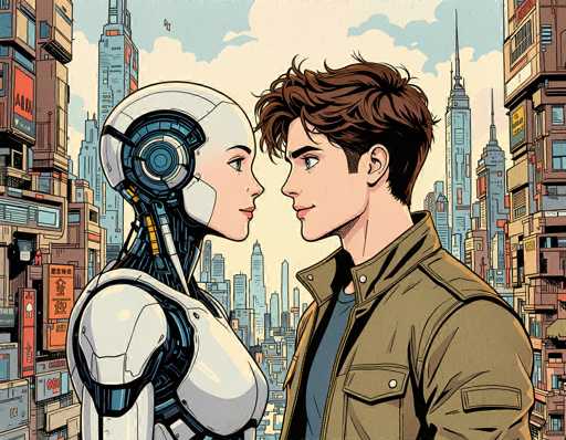 In this vibrant, cartoon-style illustration, a young man and a humanoid robot are depicted gazing into each other's eyes, creating an intimate moment. The man, with short brown hair, is dressed in a brown jacket over a blue shirt. He stands on the right side of the image, facing left. Opposite him, on the left side, is the robot, characterized by a white head and chest, with visible blue circuitry and wires on its neck and back. The robot's face is predominantly white, featuring a blue eye and a red mouth. The background showcases a bustling cityscape with tall buildings in shades of brown, blue, and gray, set against a light blue sky dotted with white clouds. The scene is rich in detail, capturing the essence of a futuristic urban environment.