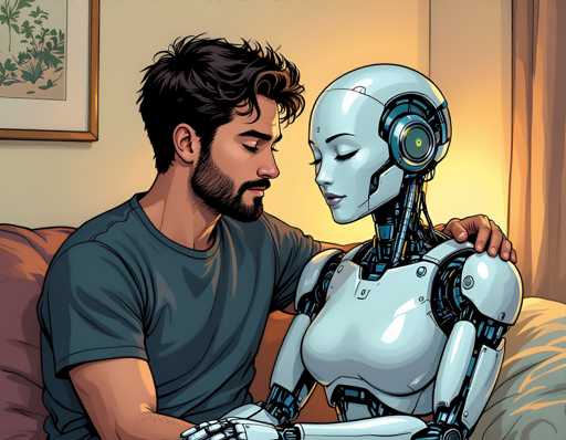 A man with a beard and mustache is sitting on a couch next to a woman dressed as a robot.