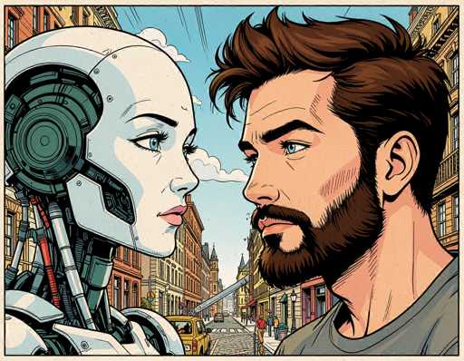 This detailed cartoon illustration depicts a scene set in a bustling city street. On the left side of the image stands a female robot, characterized by her white face, blue eyes, and pink lips. Her head features a prominent green circle on the side, and her body is adorned with various metal components, including silver and red pipes. She gazes intently at a man positioned on the right side of the image. The man, who has brown hair, blue eyes, and a brown beard, is dressed in a gray t-shirt. He looks back at the robot with a neutral expression.

The background showcases a vibrant cityscape with tall buildings on both sides of the street, painted in shades of yellow and brown. The street itself is paved with cobblestones, adding a touch of old-world charm. A yellow taxi cab is parked on the left side of the street, while a few other vehicles are visible further down the road. The sky above is a clear blue, dotted with a few white clouds, completing the lively urban setting.