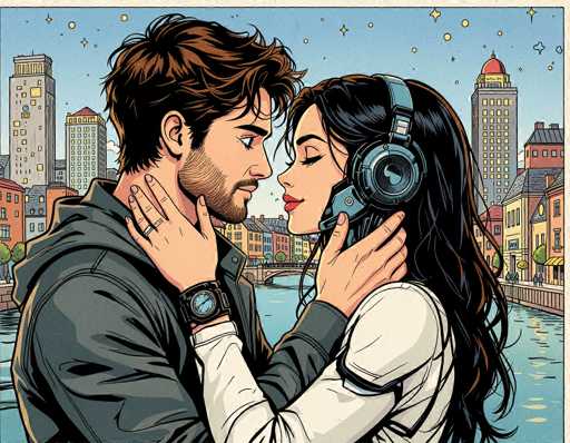 In this vibrant, cartoon-style illustration, a couple is depicted in an intimate embrace, gazing deeply into each other's eyes. The man, positioned on the left, has short brown hair and a neatly trimmed beard. He is dressed in a gray jacket and wears a black watch on his wrist. His left hand tenderly cradles the woman's face, while his right hand gently touches her shoulder. The woman, on the right, has long black hair adorned with blue headphones. She is dressed in a white shirt and has her eyes closed, savoring the moment. Her left hand rests on the man's cheek, and her right hand is placed on his shoulder. The background features a serene cityscape with tall buildings, a river, and a bridge, all under a clear blue sky dotted with stars. The scene is framed by a thin white border, adding a clean finish to the image.