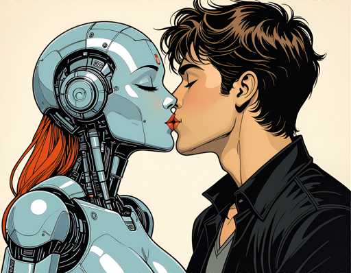 The image depicts a man and woman kissing passionately on a white background. The man is wearing a black jacket while the woman has red hair and is dressed in a blue dress.