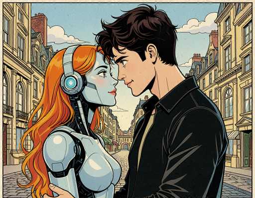 A digital illustration in a retro comic book style depicts a romantic moment between a man and an android. The scene is set on a cobblestone street lined with charming, old-fashioned buildings. 

The android, positioned on the left, has a sleek, silver body with vibrant orange hair flowing around its head. It wears large, white headphones with blue accents and has a gentle, almost melancholic expression. The man, on the right, is leaning in towards the android, his dark hair tousled and a soft smile on his face. He's wearing a black jacket over a dark shirt. 

The background features detailed buildings with arched windows and colorful details, suggesting a European city. The overall color palette is muted yet vibrant, with a slightly vintage feel. The style of the illustration evokes a sense of nostalgia and romance, capturing a tender moment between two characters in an unusual setting.