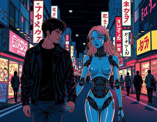 The image depicts two individuals walking down a city street at night. The person on the left is wearing a black leather jacket and has their arm around the other individual who is dressed in a blue suit with pink hair. They are surrounded by neon signs and buildings that glow with bright lights, creating an urban atmosphere.