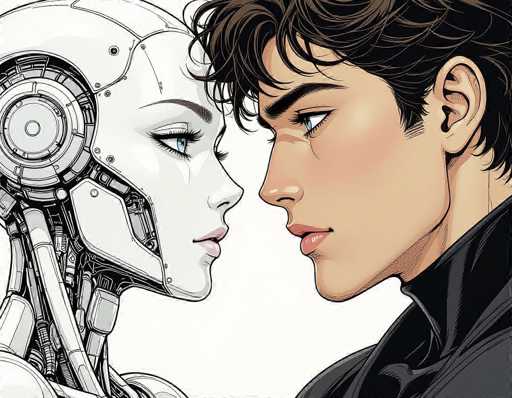 The image depicts two individuals facing each other with their eyes locked in a gaze. The person on the left is wearing a white helmet and has blue eyes, while the individual on the right is dressed in black and has brown hair. They are positioned against a plain gray background, which serves to highlight their connection.