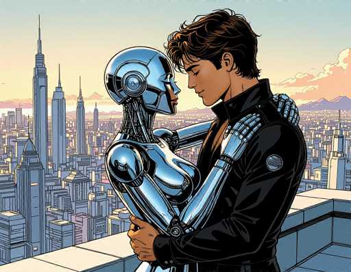 The image depicts a man and a robot embracing each other on a rooftop overlooking the city skyline. The man is wearing a black jacket with a silver emblem, while the robot has a silver head and arms. The backdrop features tall buildings of various colors against an orange sky.