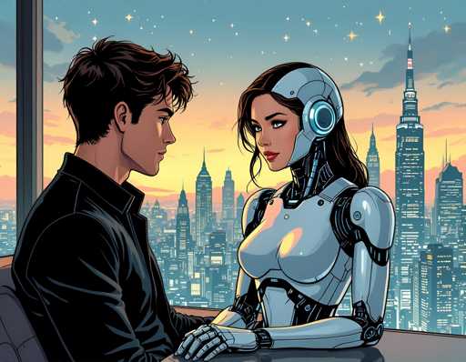 The image depicts a man and woman sitting at a table with their backs facing each other. The woman is wearing a futuristic helmet that has a large screen on the front displaying a city skyline in the background. The man is dressed in a black jacket and has short hair.