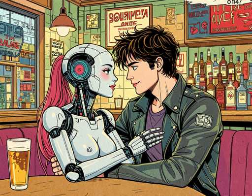 A digital illustration in a retro-futuristic style depicts a young man and a humanoid robot sitting at a table in a dimly lit bar. The scene is filled with warm, muted colors and detailed textures, reminiscent of vintage comic book art. 

The man has short, dark curly hair and is wearing a green leather jacket over a purple t-shirt. He's looking lovingly at the robot, his hand gently resting on its arm. The robot is sleek and silver, with a smooth, white face and large, expressive blue eyes. Its body has visible mechanical details like joints and wires. 

A glass of amber liquid, likely beer, sits on the table between them. The background features a bar with shelves stocked with bottles and neon signs, creating an intimate and slightly nostalgic atmosphere. The overall style is one of gentle affection and a touch of retro charm, hinting at a future where humans and robots coexist.