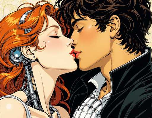 The image depicts an orange-haired woman with red hair and a man wearing a black jacket kissing each other's lips. The scene is set against a gray background, creating a contrast that highlights the couple in their embrace.