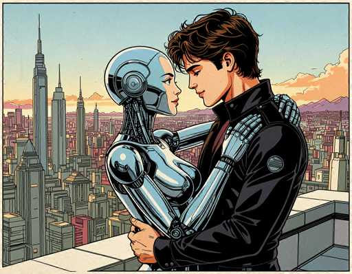In this detailed comic book-style illustration, a young man and a humanoid robot are depicted in an intimate embrace on a rooftop overlooking a futuristic cityscape. The man, with short brown hair and wearing a black leather jacket, has his arms wrapped around the robot's waist. The robot, with a humanoid form and a metallic blue body, has her arms around his neck and her head tilted slightly to the side, gazing at him. The scene is set against a backdrop of towering skyscrapers that stretch into the distance, with a sky transitioning from blue to orange near the horizon, suggesting either dawn or dusk. The rooftop they stand on is bordered by a white railing, and the overall composition captures a moment of connection between the two characters amidst a vibrant, futuristic urban landscape.