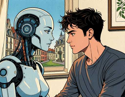In this detailed cartoon drawing, a young man with short black hair and a gray long-sleeve shirt is seated on the right side of the image, facing a humanoid robot on the left. The robot, which has a sleek, metallic body with a light gray and blue color scheme, features a circular eye and visible wires extending from its neck. The two characters are engaged in a moment of silent connection, their gazes locked on each other. Behind them, a window reveals a picturesque scene of a blue sky, green grass, and several buildings, including a prominent yellow house with a gray roof and a red house with a brown roof. The room they are in has white walls, and a framed picture of a plant hangs on the wall to the right. The overall atmosphere of the image is one of curiosity and intrigue, set against a backdrop of serene outdoor beauty.
