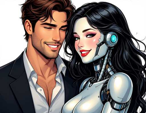 The image depicts a man and woman standing close together against a white background. The man is wearing a suit and tie, while the woman has long dark hair and is dressed in a futuristic outfit that includes a helmet with blue lights on it.