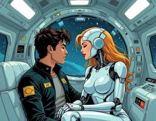 The image depicts an astronaut and a robot engaged in a tender moment inside the International Space Station (ISS). The astronaut is wearing a black jacket with yellow patches on the chest and shoulders, while the robot has white hair and a blue helmet. They are seated next to each other, their gazes locked onto one another as they share this intimate moment.