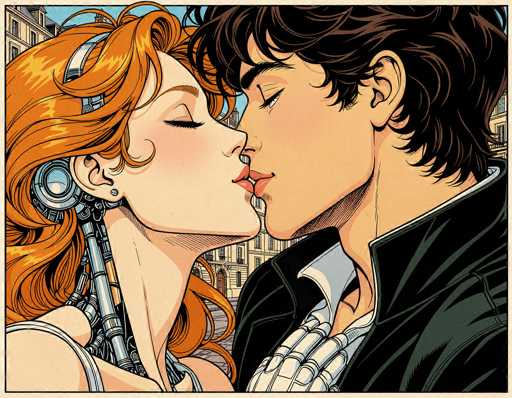 This detailed illustration, reminiscent of a graphic novel or comic book, depicts a young man and woman in a tender embrace, sharing a kiss. The woman, positioned on the left, has striking red hair and is adorned with a headband that appears to be part of a mechanical exoskeleton, visible through the metallic components extending from her head to her neck. She wears a white tank top, and her eyes are closed in the moment of their kiss. The man, on the right, has dark brown hair and is dressed in a black jacket over a white shirt. His eyes are also closed, mirroring her sentiment. The background features a cityscape with tall buildings and a road, adding depth to the scene. The entire image is framed by a thin, light brown border, enhancing its comic book aesthetic.