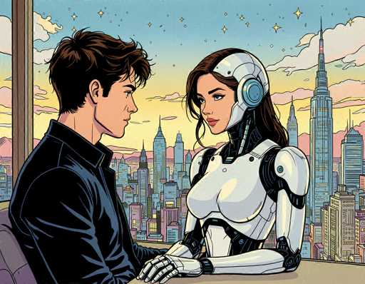 In this vibrant comic book-style illustration, a young man and a female robot are seated at a table, gazing into each other's eyes with a sense of mutual attraction. The man, positioned on the left, has short brown hair and is dressed in a black jacket. Opposite him, the robot woman features a sleek, metallic body with a white and black color scheme, accentuated by a blue visor on her head. Her long brown hair flows down to her shoulders, and she wears black shoes. The background reveals a stunning cityscape with towering skyscrapers, rendered in shades of blue, pink, and gray. Above, the sky transitions from a light blue to a yellow hue near the horizon, dotted with white clouds and twinkling stars, adding a dreamy quality to the scene.