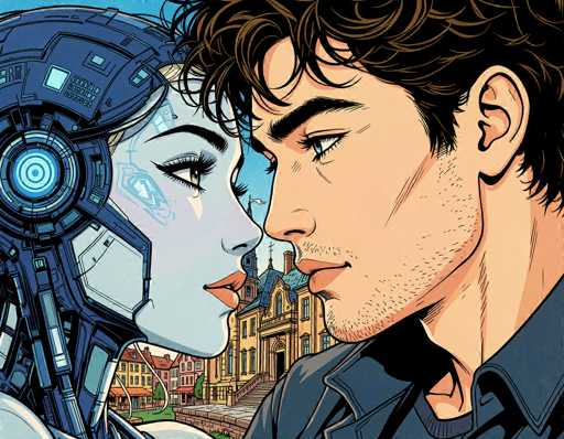 This detailed cartoon illustration depicts a close-up of a man and a robot woman standing nose-to-nose, seemingly about to kiss. The man, positioned on the right, has light brown, wavy hair, blue eyes, and a five o'clock shadow. He is dressed in a dark blue collared shirt. The robot woman, on the left, has a head made of dark blue metal with a circular light blue feature in the center. Her face is white with blue eyes and red lips, and she has a mechanical body with visible wires and panels. The background features a blue sky, a large yellow building with a green roof and a steeple, and a smaller building with an orange awning. The scene is set outdoors, with a grassy area and a stone walkway leading up to the buildings.