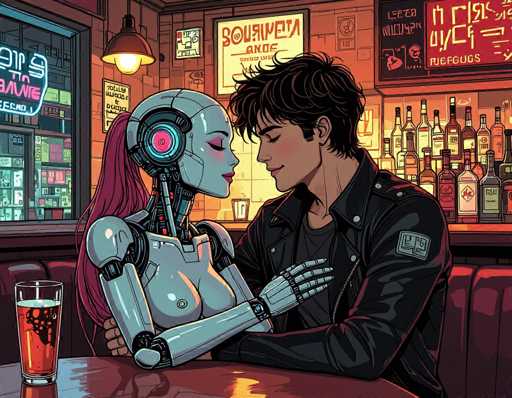 The image depicts a man and woman seated at a bar with neon signs illuminating the scene. The man is wearing a black leather jacket and has his arm around the woman who is dressed in a pink shirt. They are both holding drinks, suggesting they may be enjoying a casual evening together.