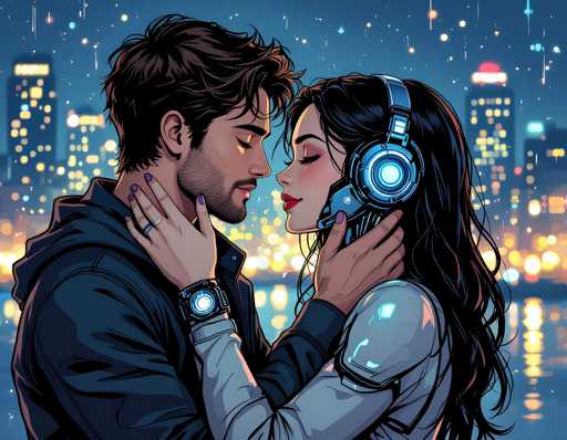 A man and woman are embracing each other in a city at night. The man is wearing headphones while the woman has her hair styled in loose waves. They are standing on a street with buildings visible behind them, suggesting an urban setting.