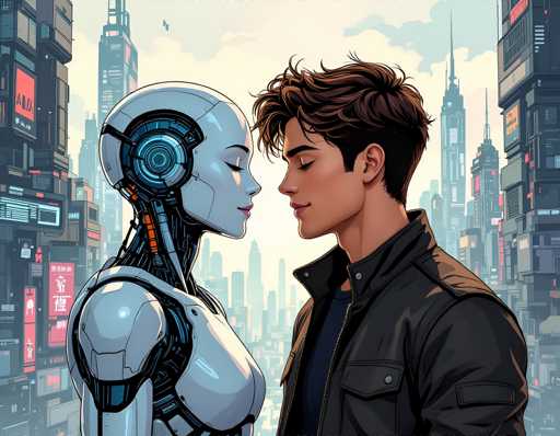 The image depicts a man and a robot standing face-to-face with their eyes locked onto each other. The man is wearing a black jacket and the robot has a blue head with a white body. They are in front of a city skyline filled with tall buildings and neon signs, suggesting an urban setting.