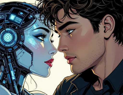 The image depicts an artist's interpretation of a man and woman locked in an embrace. The man is wearing a black shirt with a blue logo on the left side, while the woman has long brown hair and is dressed in a white dress adorned with blue accents. They are standing close together against a stark white background, which contrasts with their dark attire.