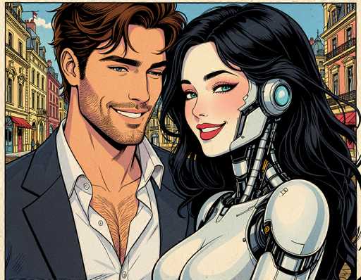 This vibrant, cartoon-style illustration depicts a man and a woman standing closely together in the foreground, set against a backdrop of a bustling city street. The man, positioned on the left, has short brown hair, blue eyes, and a stubbly beard. He is dressed in a dark blue suit jacket over a white button-up shirt, with the top two buttons undone, revealing his hairy chest. He smiles warmly at the woman beside him. The woman, on the right, has long black hair and striking blue eyes. Her face is half-human, half-robot, with mechanical components such as a robotic neck, shoulders, and a chest. She wears red lipstick and smiles gently at the man. The background features a cityscape with tall buildings in shades of yellow, pink, and red, adorned with balconies and red awnings. The sky is a clear blue, adding to the lively atmosphere of the scene.