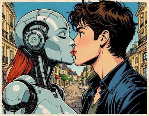 In this vibrant, cartoon-style illustration, a young man and a robot are captured in a tender kiss on a cobblestone street. The man, positioned on the right, has short brown hair and is dressed in a blue jacket over a green shirt. The robot, on the left, features a sleek, silver metallic body with a distinctive red ponytail flowing from the back of her head. Her eyes are closed, and she has a red dot on her forehead, adding to her unique appearance. The background reveals a picturesque European cityscape with yellow buildings adorned with balconies, set against a clear blue sky. The scene is bustling with life, as people stroll down the street and trees line the sidewalks, enhancing the charming atmosphere.