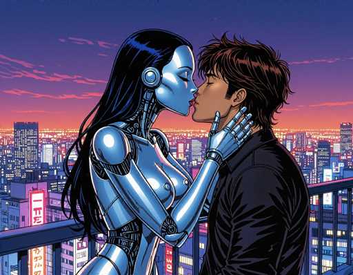 The image depicts a man and woman kissing on a rooftop at night. The man is wearing a black jacket while the woman has long hair and is dressed in silver armor. They appear to be in love as they share an intimate moment against the backdrop of a city skyline with illuminated buildings.