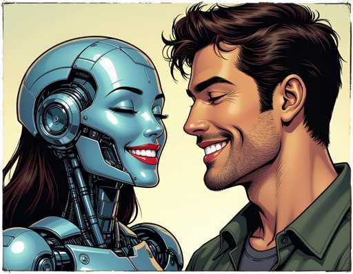 The image depicts a man and woman sharing an intimate moment with their eyes locked together. The man is wearing a green shirt while the woman has blue hair and is dressed in a silver suit. They appear to be in a public place or event, as indicated by the blurred background.