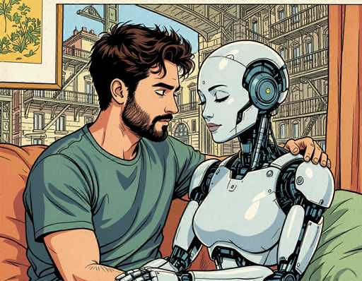 In this detailed comic book-style illustration, a man and a robot are seated together on a couch, gazing into each other's eyes with a tender, almost romantic expression. The man, positioned on the left, has short brown hair, a beard, and is wearing a green t-shirt. He has his arm affectionately draped around the robot, who sits to his right. The robot features a sleek, metallic design with a white body, a gray head, and a yellow light at the center of its head. Its eyes are closed, and it has pink lips, adding to its human-like appearance. The background reveals a cityscape with buildings and a window, through which a blue sky is visible. A framed picture of a plant hangs on the wall, adding a touch of homeliness to the scene. The couch they sit on is adorned with an orange pillow behind the man and a green pillow behind the robot, enhancing the cozy atmosphere of the setting.