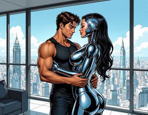 The image depicts an artist's interpretation of a man and woman embracing each other in front of a window with a view of the city skyline. The man is wearing a black tank top and blue jeans, while the woman is dressed in a silver suit that covers her entire body. They are standing on a balcony overlooking the cityscape below.