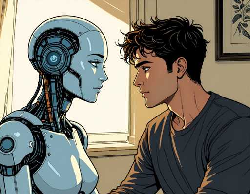 The image depicts a man and a robot engaged in an intimate conversation. The man is seated on the left side of the frame, while the robot stands behind him on the right side. They appear to be facing each other with their eyes locked onto one another. The background features a window that allows natural light to illuminate the scene, creating a warm and inviting atmosphere.