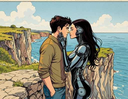 In this captivating image, a man and a robot share an intimate moment on a cliffside overlooking the ocean. The man, with short brown hair, is dressed in a brown long-sleeve shirt and blue jeans, his right hand casually tucked into his pocket. He stands close to the robot, who has long black hair and a sleek, metallic body. The robot's left hand gently cradles the man's face, while its right hand rests on his shoulder, creating a tender and futuristic scene. The cliff they stand on is covered in lush green grass, and the background reveals a serene expanse of blue water under a sky dotted with fluffy white clouds. The image beautifully blends elements of technology and humanity, set against the tranquil backdrop of nature.